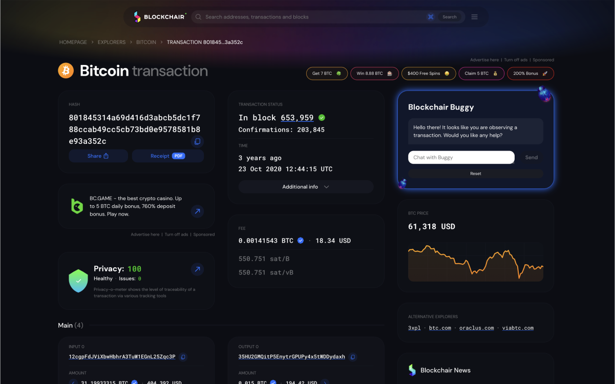 Portion of a transaction page on the Blockchair website