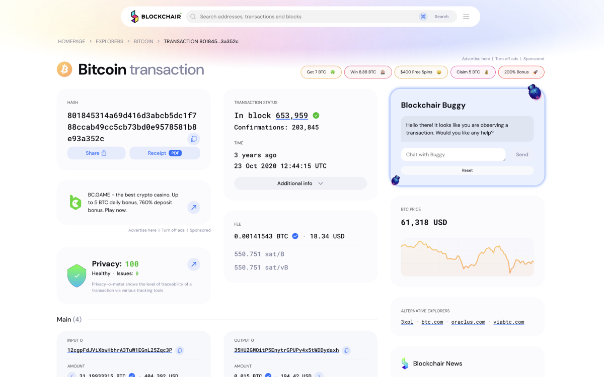 Portion of a transaction page on the Blockchair website