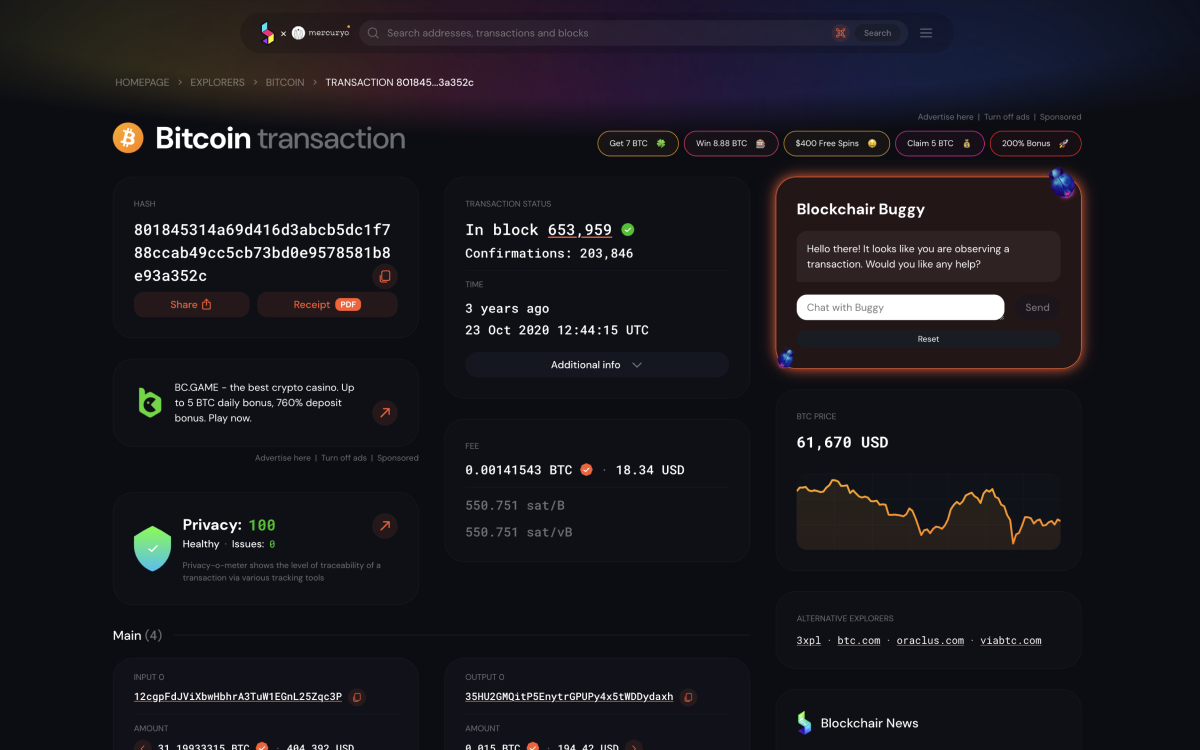 Portion of a transaction page on the Blockchair website as seen in cobranded explorer